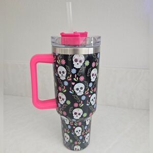 Kirklands Day Of The Dead Floral Travel Tumbler with Pink Handle